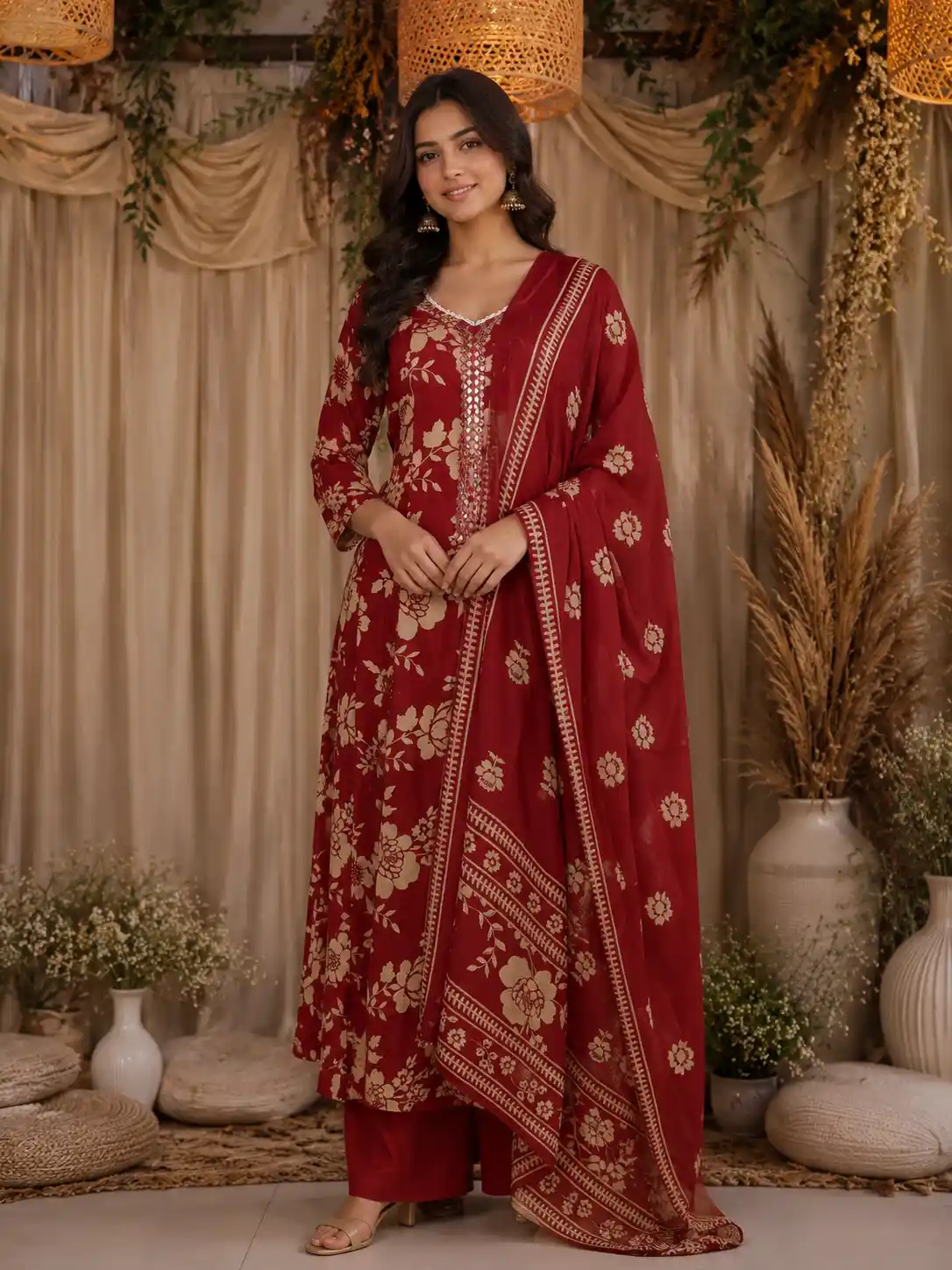 Maroon Floral Printed Design Cotton Anarkali Salwar Suit